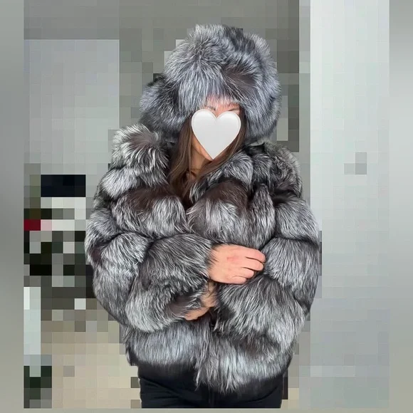 Luxurious Silver Fox real fur coat (size S) and Hat